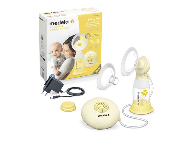 Eine Medela Swing Flex™ Zwei-Phasen-Elektromilchpumpe mit Zubehör und Verkaufsverpackung.